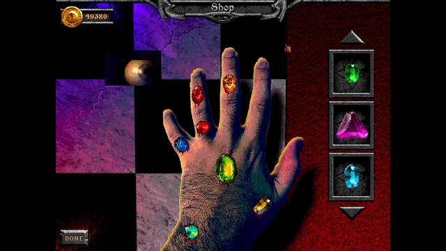 Forbidden Solitaire screenshot: the shop, a real hand set with bleeding gems next to an eye watching from the wall