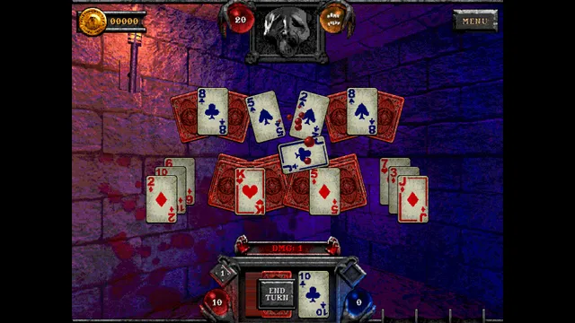 Forbidden Solitaire screenshot: a solitaire layout of red-backed cards over a blood-stained purple dungeon, with health orbs and an End Turn button