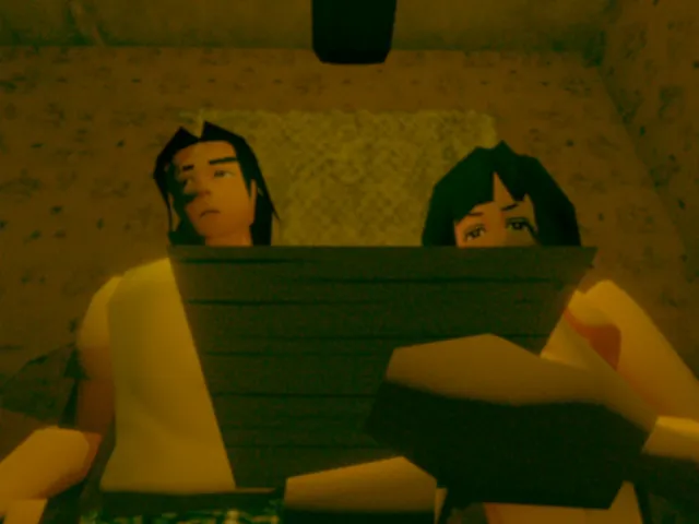Foreborn screenshot: two low-poly people sit side by side under a yellow light, seen from above