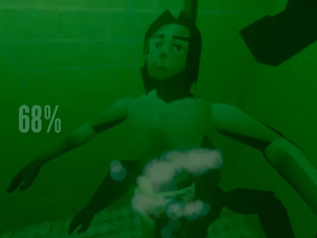 Foreborn screenshot: a man lying on his back with a cloud of smoke over his chest and 68% on the screen, in green
