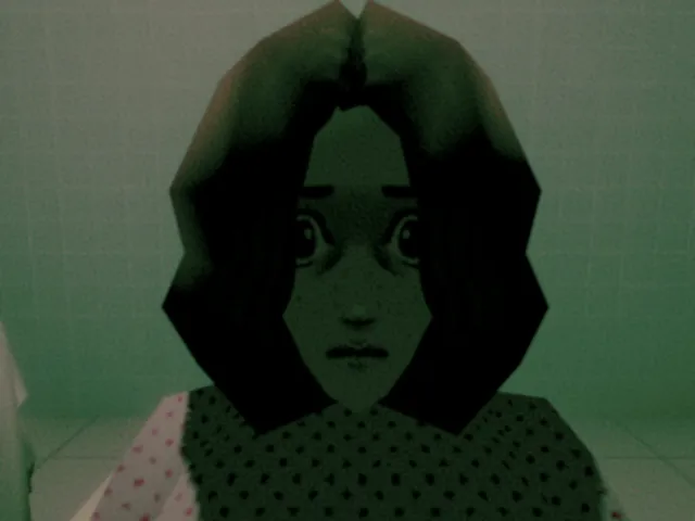 Foreborn screenshot: a low-poly young woman with dark hair stares ahead in alarm, washed in green light