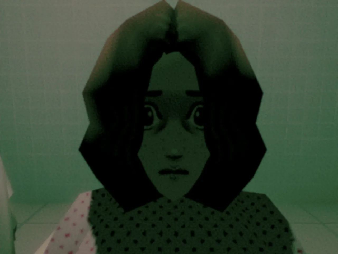 Foreborn screenshot: a low-poly young woman with dark hair stares ahead in alarm, washed in green light