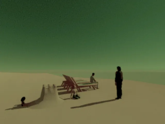 Foreborn screenshot: a beach under a green sky with a sandcastle, deck chairs and a man standing alone