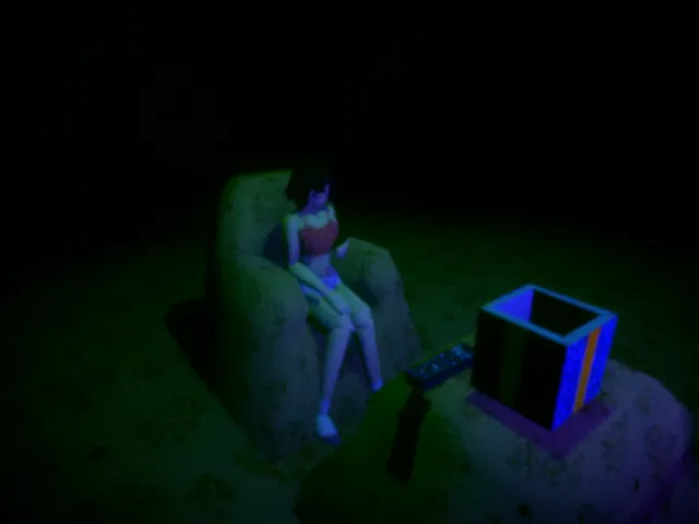 Foreborn screenshot: a woman sits in an armchair in a dark room beside a glowing blue box