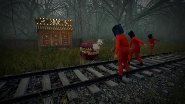 Three masked prisoners walk along railway tracks in a foggy forest past a small lit shop and a grinning creature