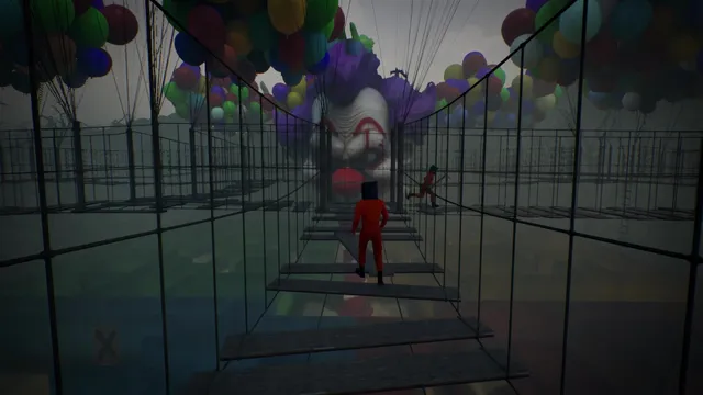 A prisoner crosses a rope bridge between walls of balloons towards a giant clown face