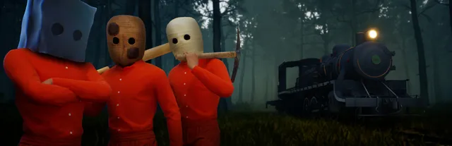 Forest Escape: Last Train art: three prisoners in orange jumpsuits and sack and wooden masks stand in a misty forest beside a steam locomotive