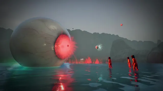 A huge eyeball with a red iris floats on a dark lake while small red-clad figures stand in the water