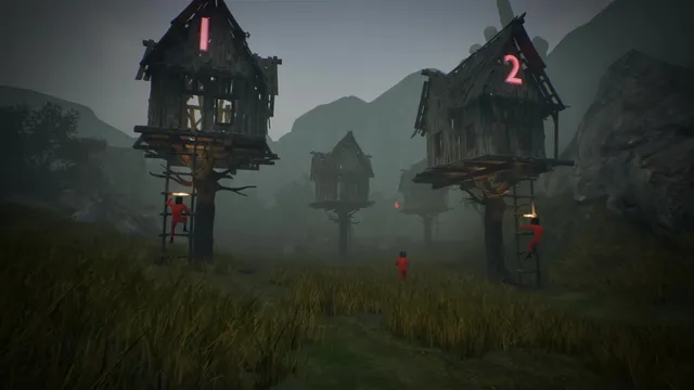 Wooden houses on stilts numbered 1 and 2 stand in a foggy valley as players climb their ladders