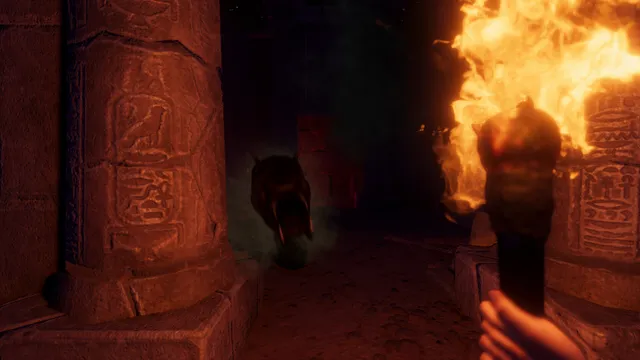 FOREWARNED screenshot: a dark animal shape lurks behind hieroglyph-carved pillars beyond the player's torch