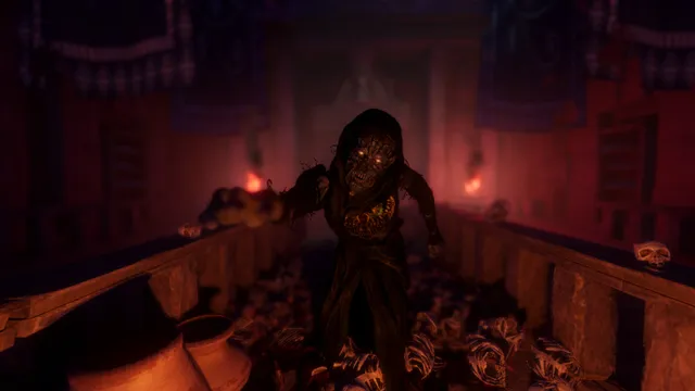 FOREWARNED screenshot: a withered mummy with glowing eyes and a burning chest walks toward the player down a tomb corridor