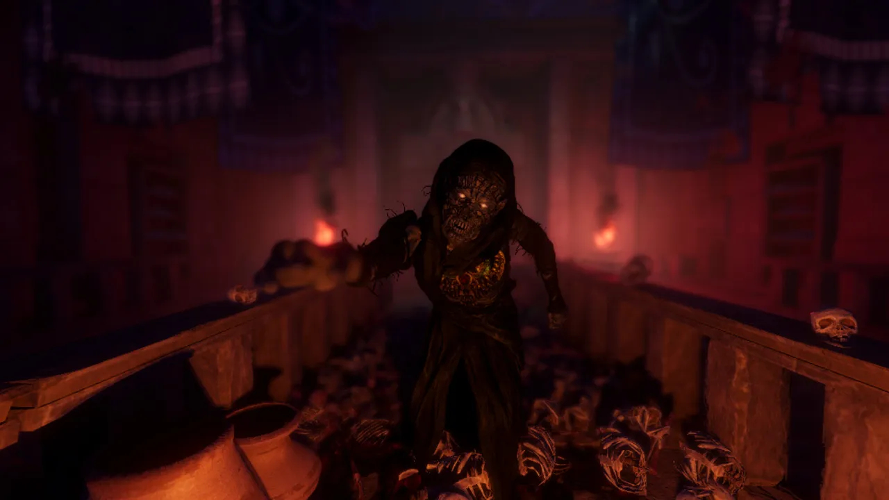 FOREWARNED screenshot: a withered mummy with glowing eyes and a burning chest walks toward the player down a tomb corridor