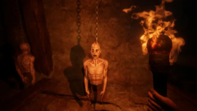 FOREWARNED screenshot: withered corpses hang on chains in a dark chamber, lit by the player's torch