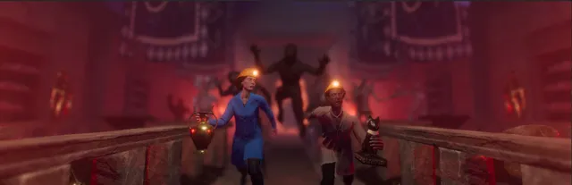 FOREWARNED key art: two archaeologists with head lamps run through a red-lit tomb hall as mummies chase them