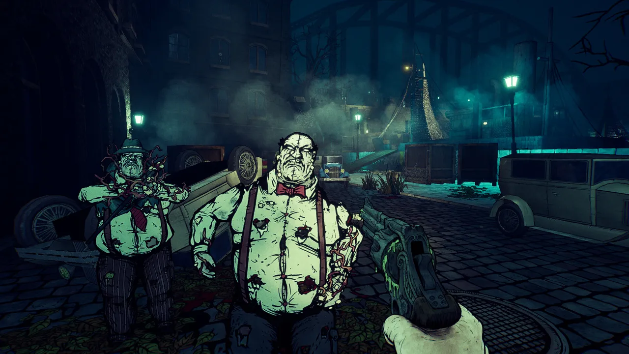 Forgive Me Father 2 screenshot: two swollen, bloodied men in shirts and braces lurch toward the player's pistol on a foggy night street of old cars