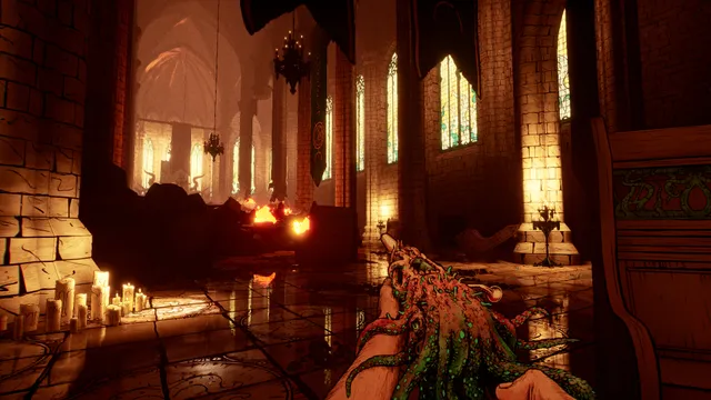 Forgive Me Father 2 screenshot: a candlelit church interior with burning debris, the player holding a weapon wrapped in tentacles