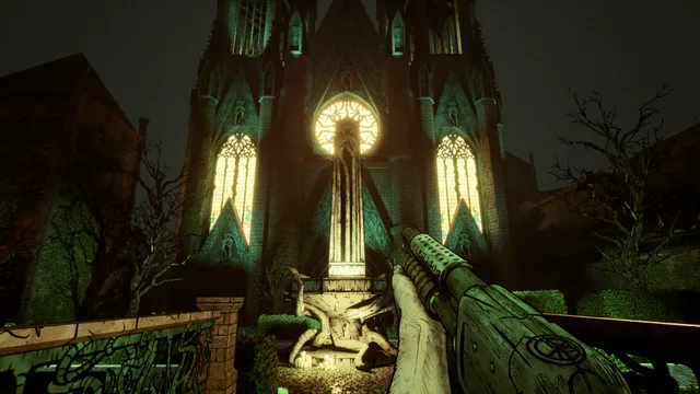 Forgive Me Father 2 screenshot: the player aims a shotgun at a gothic church lit green from inside, a statue before its doors