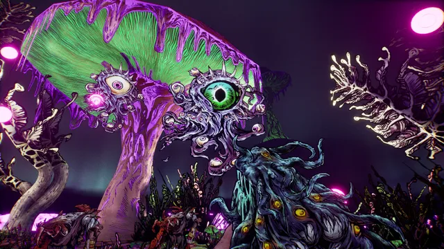 Forgive Me Father 2 screenshot: a giant purple fungus covered in eyes and a tentacled, many-eyed creature in a glowing alien growth