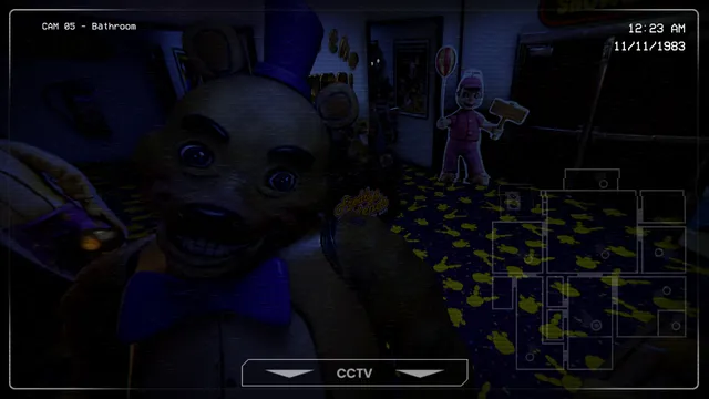 Forgotten At Fredbear's screenshot: the bathroom CCTV camera at 12:23 AM on 11/11/1983, with a grinning golden animatronic close to the lens and the camera map