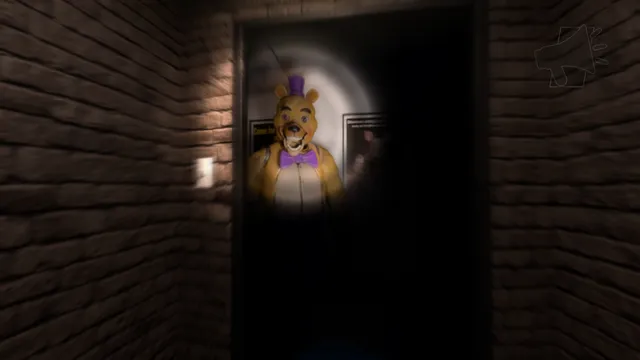 Forgotten At Fredbear's screenshot: a flashlight finds Fredbear standing in a dark doorway at the end of a brick corridor