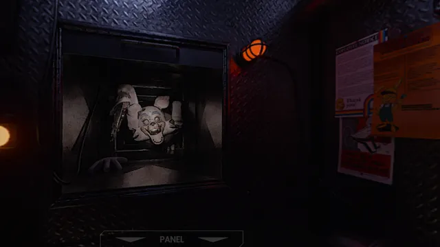 Forgotten At Fredbear's screenshot: a pale animatronic crawling behind a vent window beside the panel, with notices on the wall