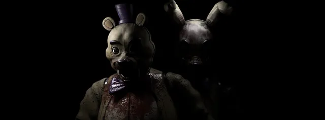 Forgotten At Fredbear's banner: a bloodied Fredbear in a purple hat and bow tie with a shadowed rabbit animatronic behind him, in the dark