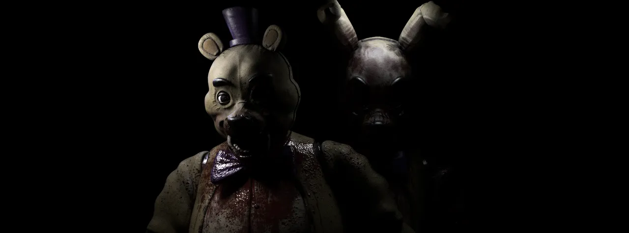 Forgotten At Fredbear's banner: a bloodied Fredbear in a purple hat and bow tie with a shadowed rabbit animatronic behind him, in the dark