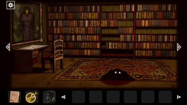 A dim library with tall bookshelves and two glowing eyes peering from under a rug