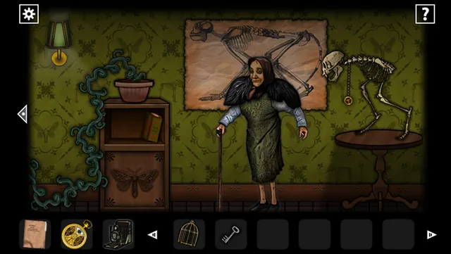 A hunched old woman with a cane stands among a skeleton, a creeping plant and an anatomy chart