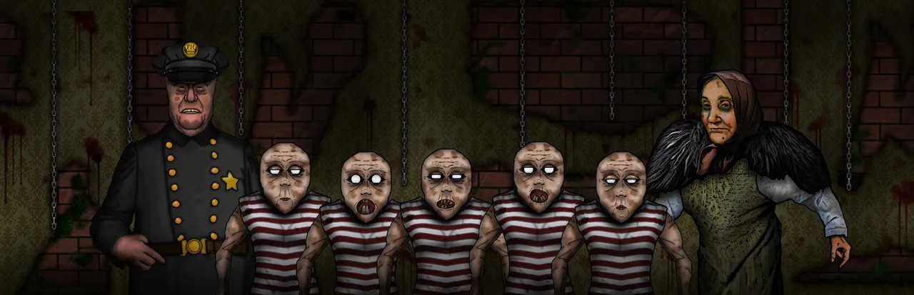 Forgotten Hill Disillusion art: a stern uniformed guard, five pale bald figures in striped shirts and a hunched old woman stand before a blood-spattered brick wall hung with chains
