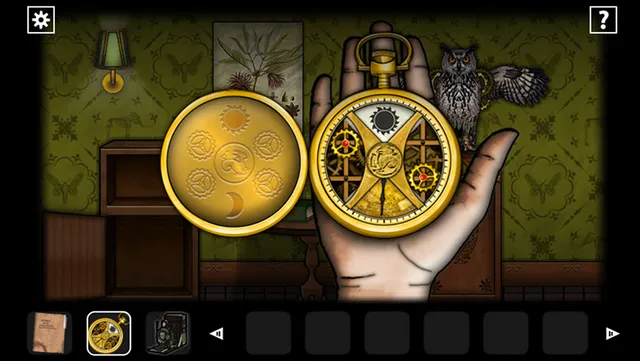 A hand holds an open golden pocket watch with clockwork symbols, a puzzle clue