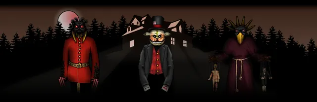 Forgotten Hill First Steps art: three masked figures, a red-coated man with claws, a grinning top-hatted gambler and a beaked figure holding marionettes, stand before a dark house under a red moon
