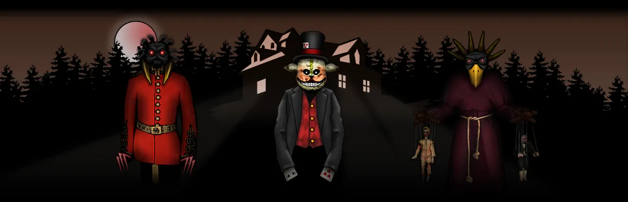 Forgotten Hill First Steps art: three masked figures, a red-coated man with claws, a grinning top-hatted gambler and a beaked figure holding marionettes, stand before a dark house under a red moon