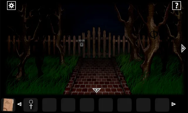 A brick path leads to a locked wooden gate between twisted trees at night