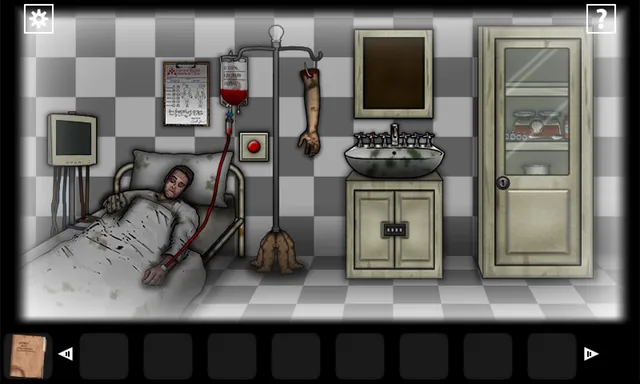 A checkered clinic room: a patient lies in a bloody bed beside a drip stand hung with blood bags and a severed arm