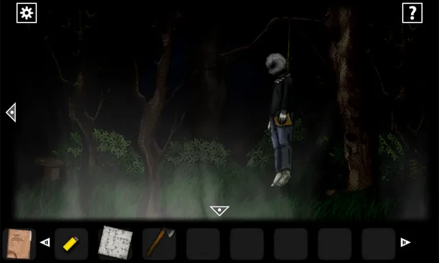 A body hangs from a tree in the misty woods at night