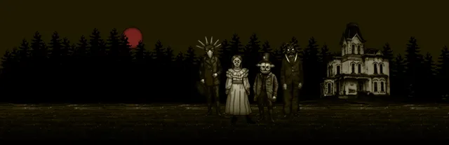 Forgotten Hill Mementoes art: four masked and grotesque townsfolk in old-fashioned clothes stand in a dark field under a red moon, a Victorian house behind them