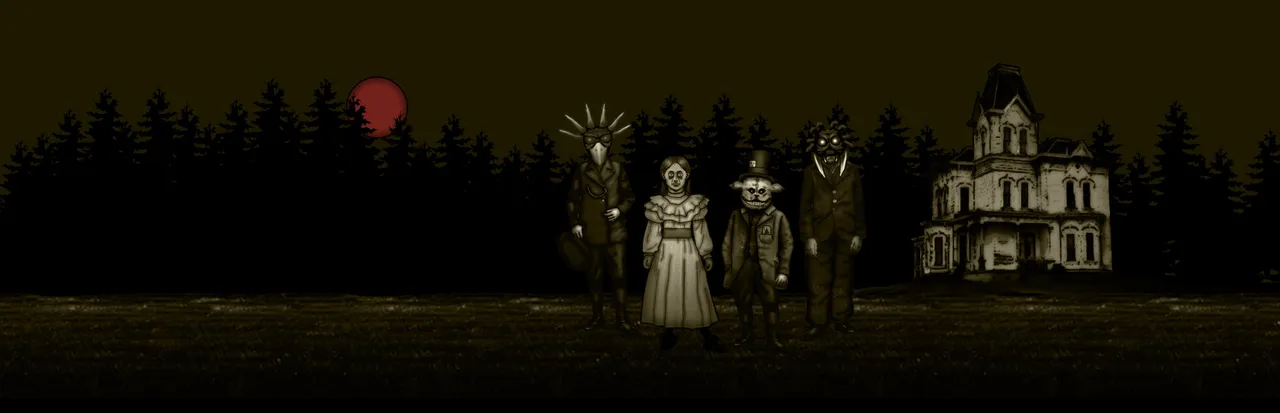 Forgotten Hill Mementoes art: four masked and grotesque townsfolk in old-fashioned clothes stand in a dark field under a red moon, a Victorian house behind them