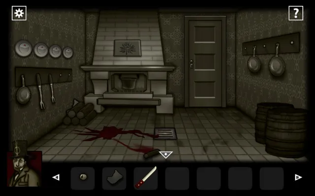 A sepia kitchen with a pool of blood on the tiles and a bloody knife in the inventory
