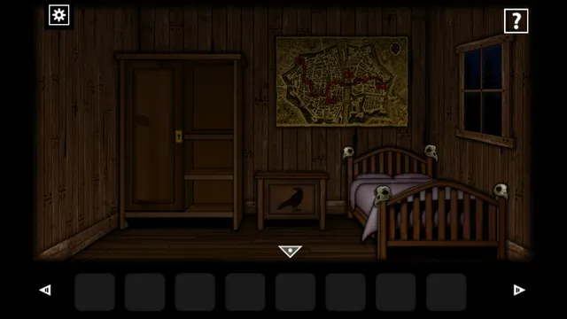A dim wooden bedroom in the cabin with skulls on the bedposts and a map with a red route on the wall
