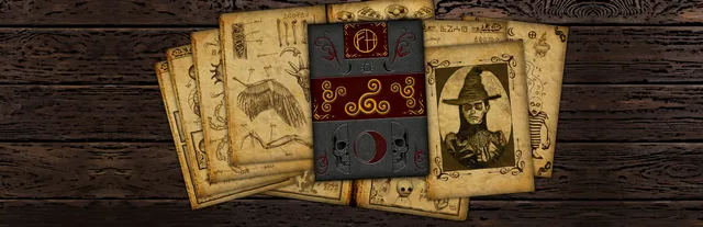 Forgotten Hill Tales art: a dark leather book with skulls and a red crescent lies on old pages of drawn bones, wings and a portrait of a pale woman in a witch's hat