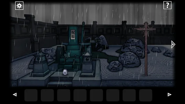 A rainy temple graveyard at night with a stone grave marker and a wooden post