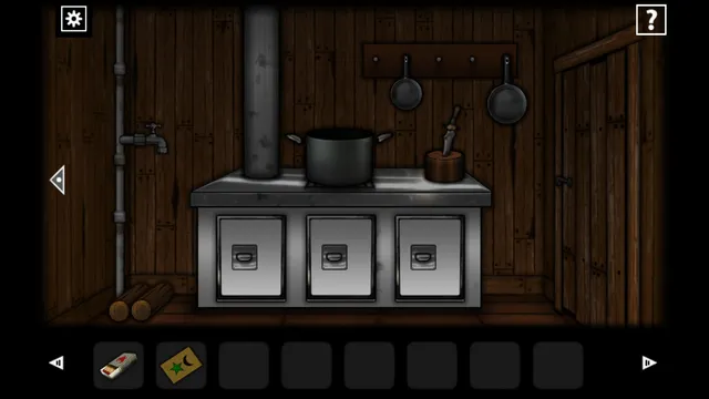 The cabin kitchen: an old iron stove with a cooking pot and a knife in a block, a matchbox in the inventory