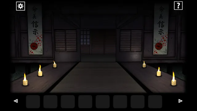 A dark Japanese temple hall lit by candles, with red-marked banners on the walls