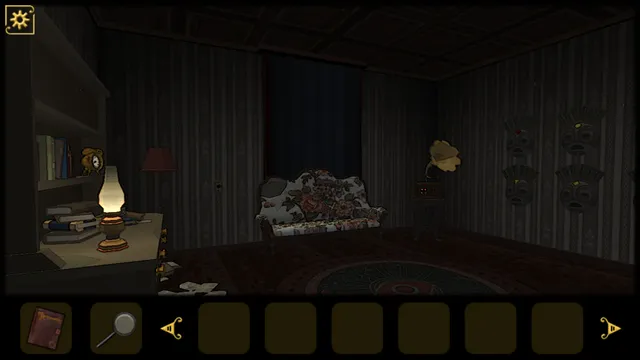 A dark sitting room with a lamp-lit desk, a floral sofa, a gramophone and tribal masks on the wall