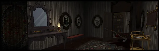 Forgotten Hill The Third Axis art: a dim Victorian room with framed portraits, a dressing table and an oil lamp, an axe lying in blood by an open door