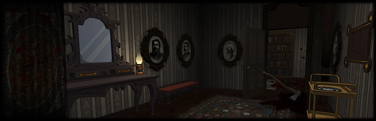 Forgotten Hill The Third Axis art: a dim Victorian room with framed portraits, a dressing table and an oil lamp, an axe lying in blood by an open door