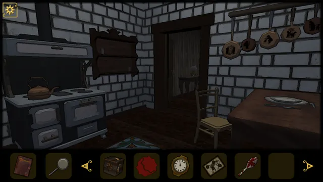A brick-walled kitchen in 3D with an old stove, a kettle and a table, the inventory bar below