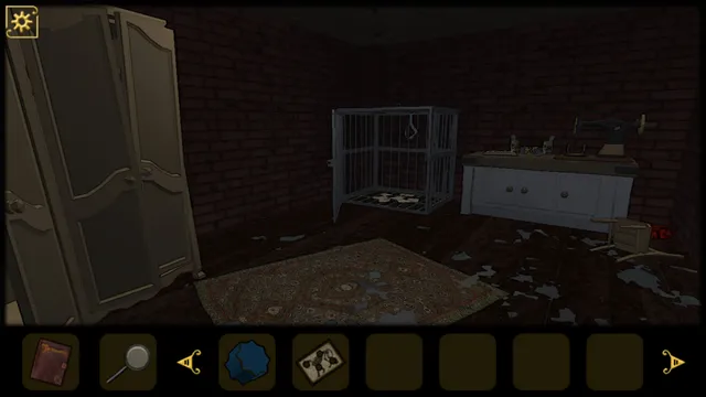 A dark room with an open wardrobe, a small cage and a sewing machine on a cabinet