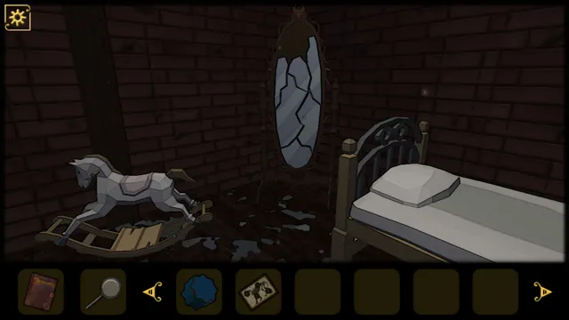 A bedroom with red brick walls, a rocking horse, a cracked mirror and an iron bed